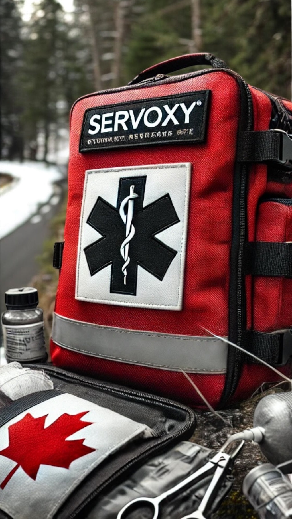 Servoxy red trauma first aid bag with medical star of life patch and Canadian flag gear in outdoor forest setting