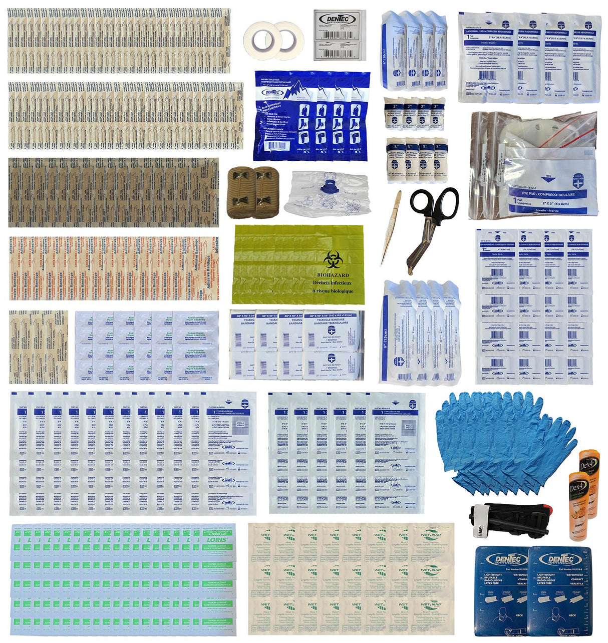 Collection of medical supplies including bandages, scissors, and other first aid items on a white background.