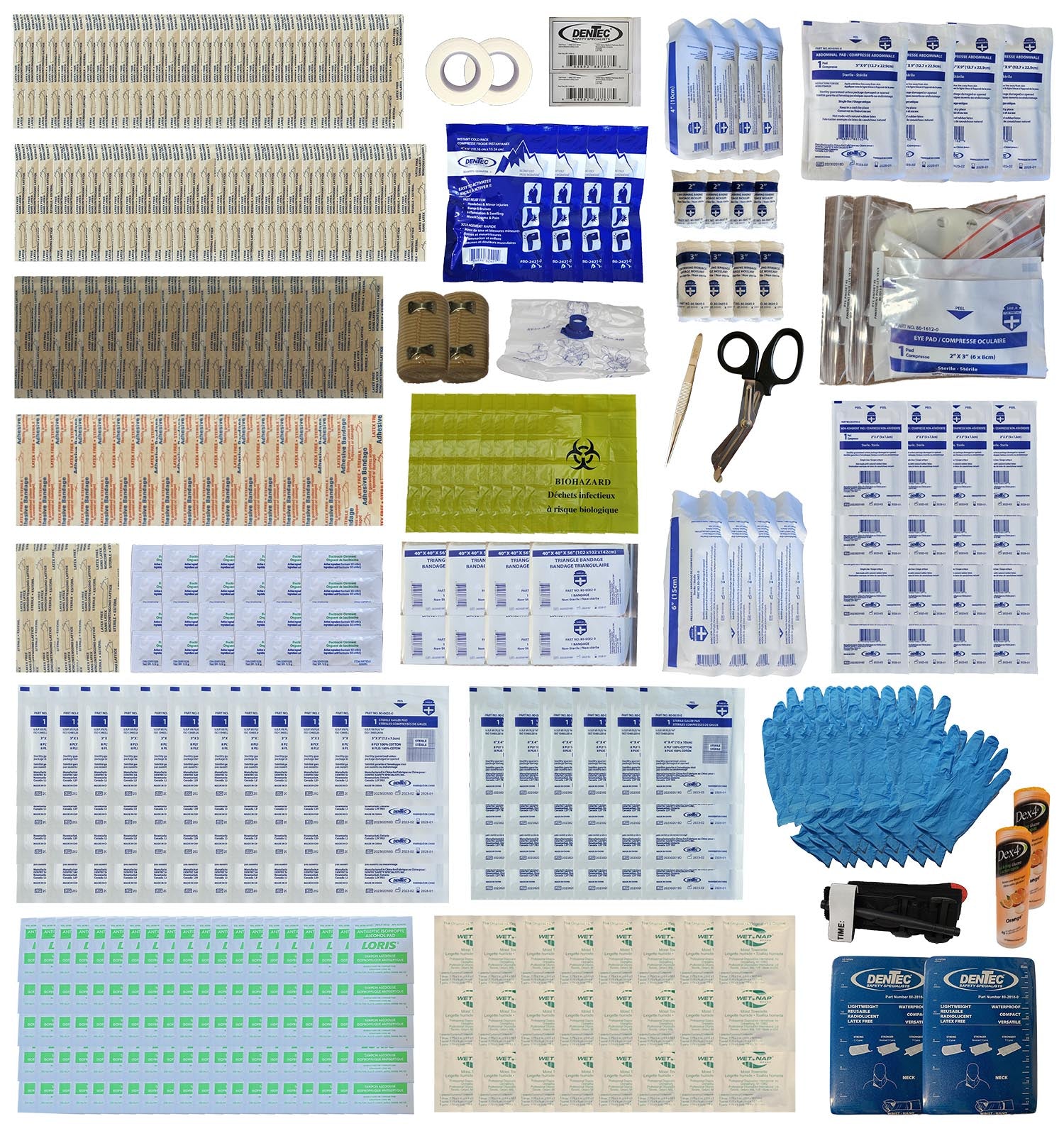 Collection of medical supplies including bandages, scissors, and other first aid items on a white background.
