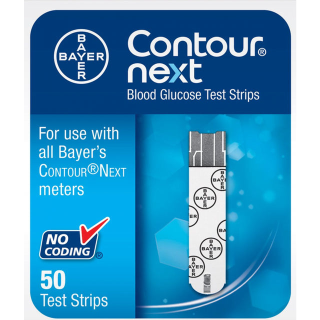 Contour Next blood glucose test strips packaging, showing a single test strip on a blue card with text indicating 50 test strips.