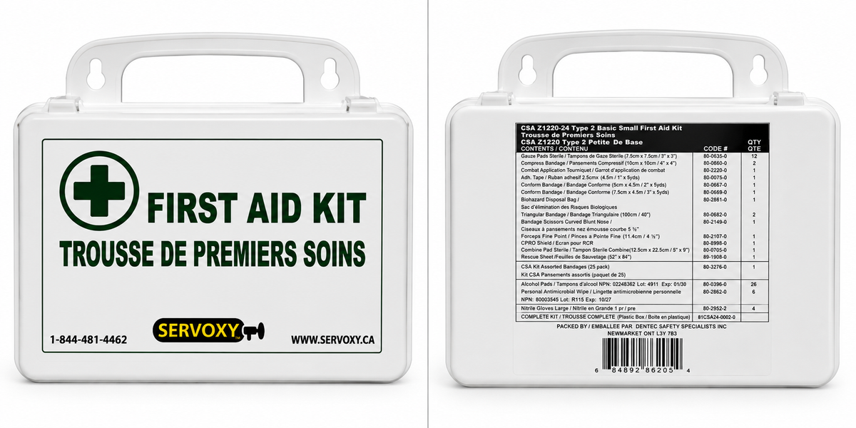 Servoxy CSA Z1220-24 Type 2 small first aid kit for 2-25 workers, shown front and back with first aid supplies inside