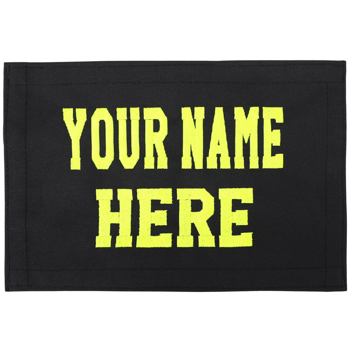 Black flag with yellow text 'YOUR NAME HERE' on a white background