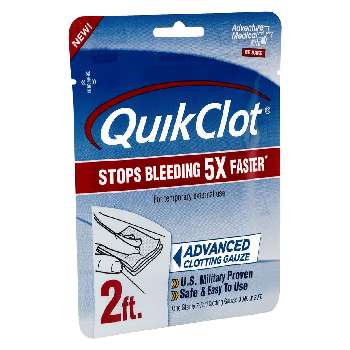 QuikClot packaging with blue and red design on a white background