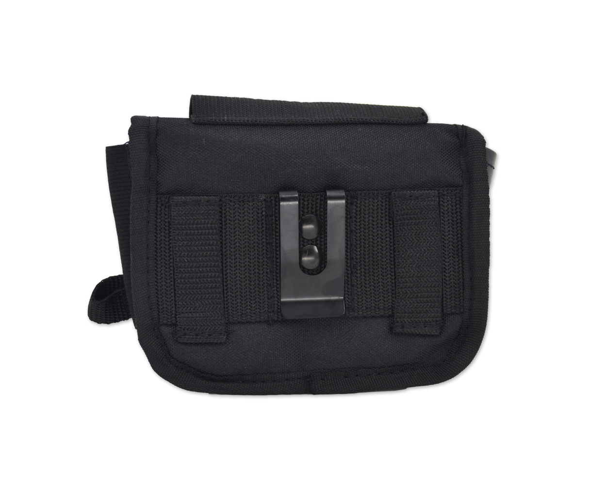 the back of the Black nylon EMT hip/belt pouch with lime yellow/silver reflective stripes and Lightning X Products logo, multiple compartments, and attachment options.