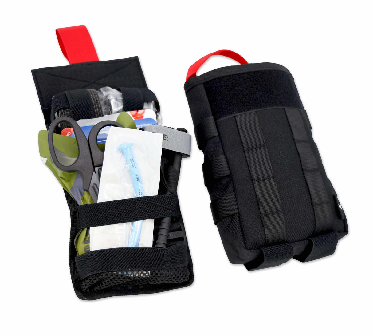 Open and closed views of black tactical IFAK pouch with trauma supplies including shears, tourniquet, and airway device.