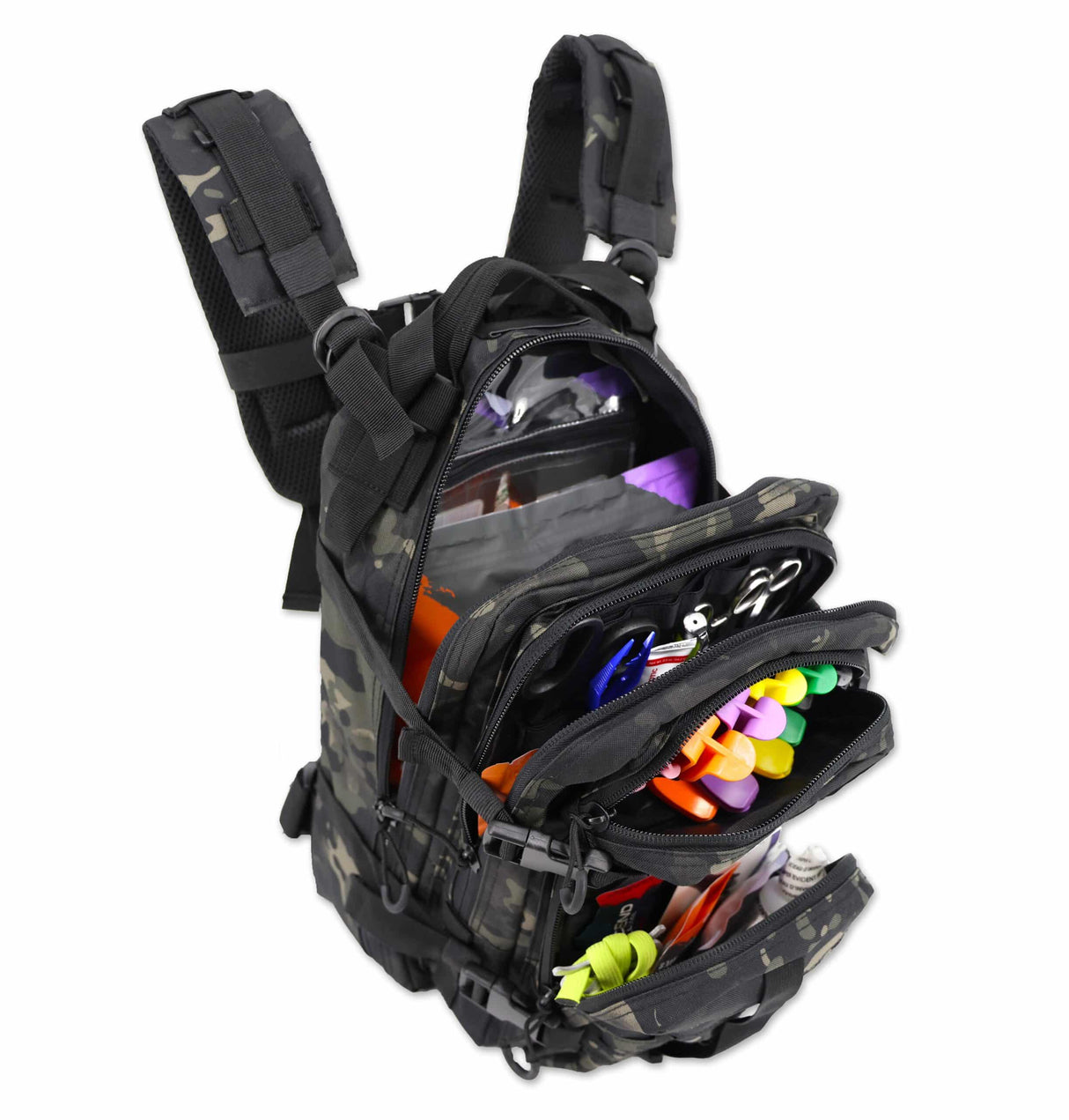 Black camo tactical backpack with colorful contents on a white background