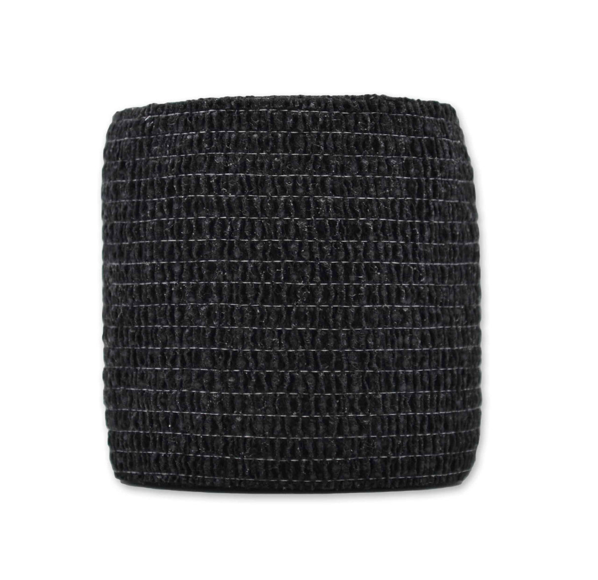 Black woven bandage roll on a white background