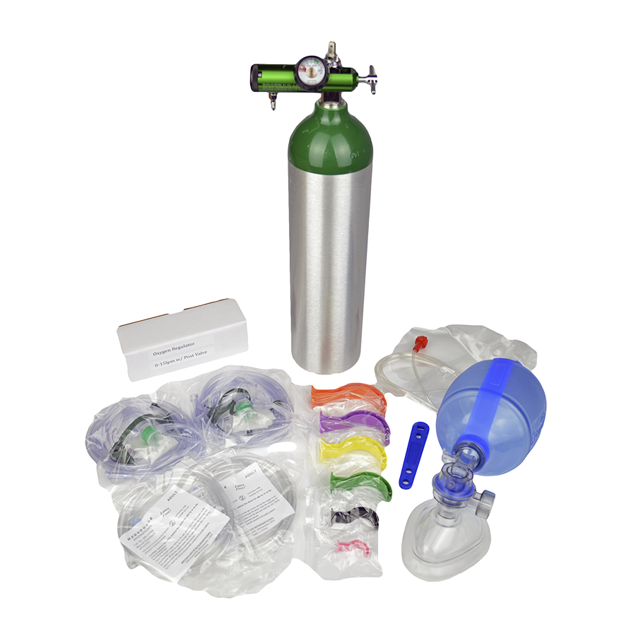 An image displaying the Lightning X Oxygen/Airway Fill Kit E, including an aluminum oxygen cylinder, an oxygen regulator, an AMBU bag, non-rebreather masks, nasal cannula tubing, and a Berman Airway Kit.