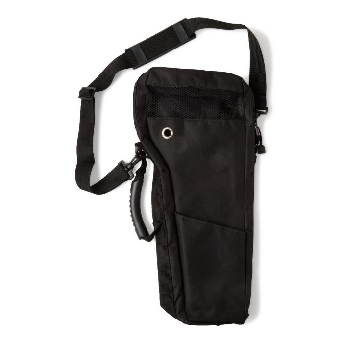 The image shows a shoulder carrying bag designed to hold a "D" size oxygen cylinder. It is black in color and features a shoulder strap for easy carrying. The bag also has a clear window, which is likely for monitoring the oxygen tank's regulator and gauge