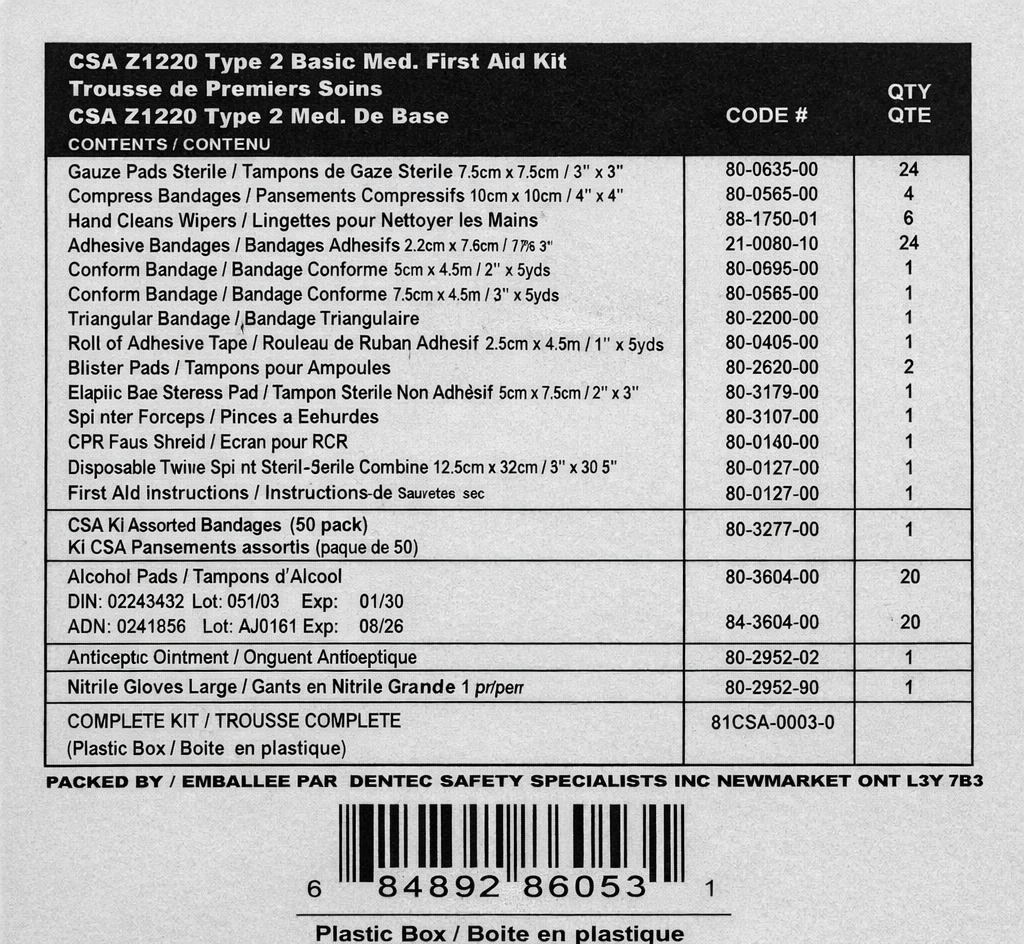 CSA Z1220 TYPE 2 BASIC MEDIUM FIRST AID KIT BULK IN 24 UNIT PLASTIC BOX - Servoxy Inc