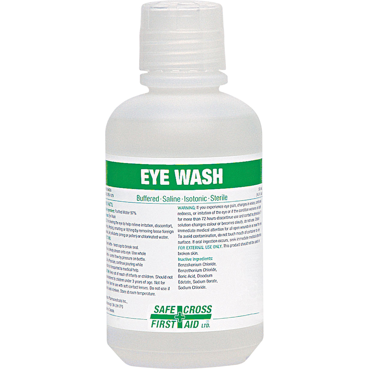 500 ml SafeCross Eye Wash bottle – buffered, sterile, isotonic saline solution for eye irrigation and relief from irritation or contaminants