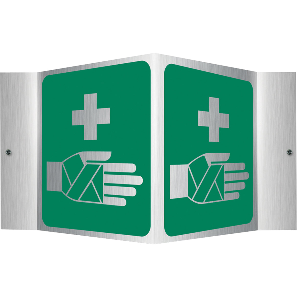 First aid station sign with green background and white symbols on a white background