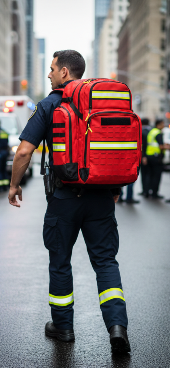 medic with 02 propack on his back walking in the city