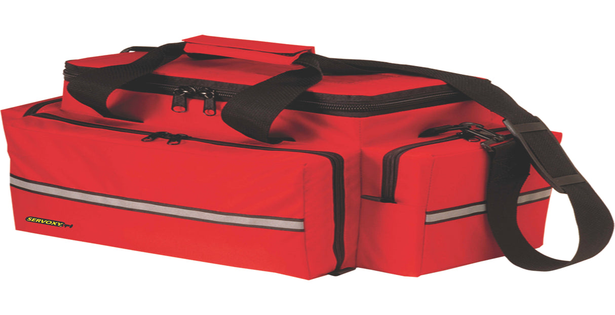 servoxy red trauma bag with shoulder strap.