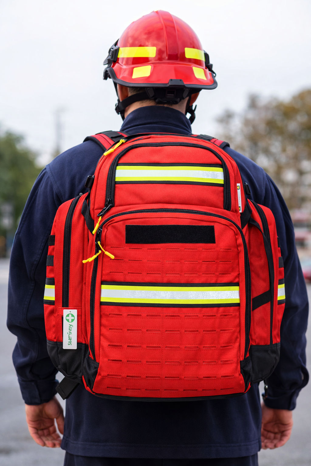 Person wearing a red emergency backpack with reflective stripes, outdoors.