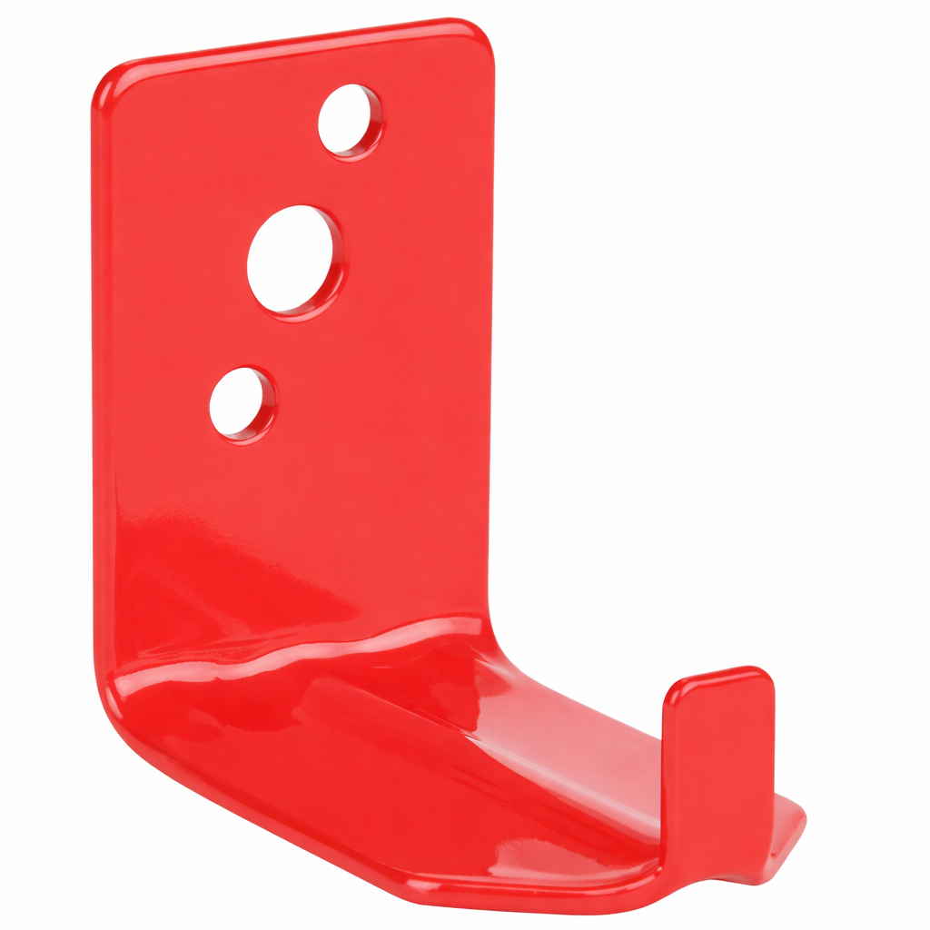 Red metal bracket with two holes on a white background