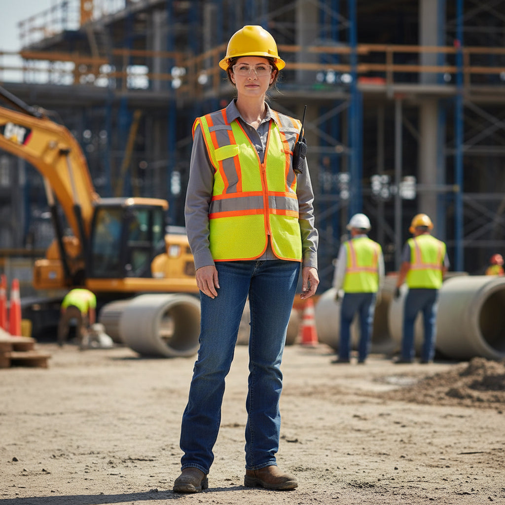 Yellow safety vest with reflective stripes on a white background with worker in yellow hard hat