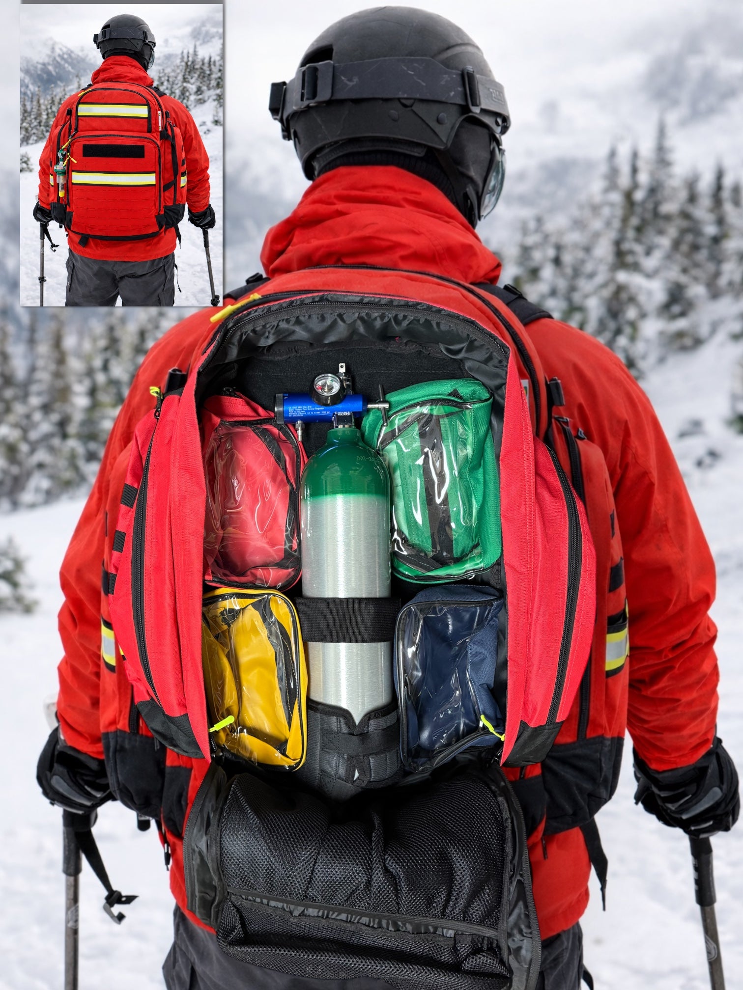 Person in red jacket and helmet with a backpack filled with supplies in a snowy landscape