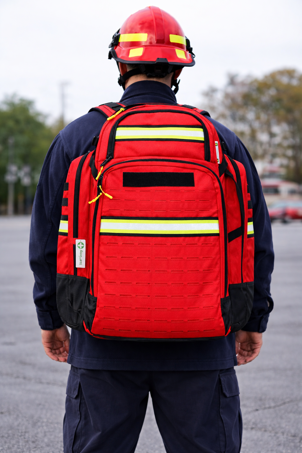 Person wearing a red emergency backpack with reflective stripes, standing outdoors.