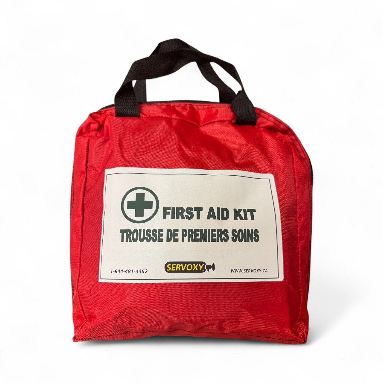 Red first aid kit with visible branding on a white background
