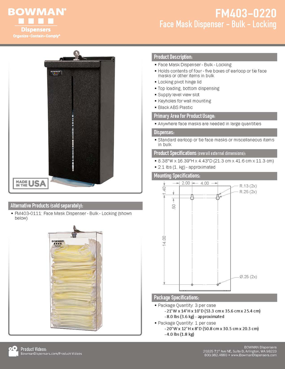 FACE MASK DISPENSER - LOCKING - SERVOXY INC