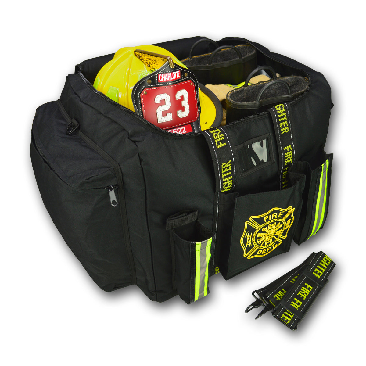 The image shows a robust black firefighter gear bag with reflective strips, multiple compartments, and a yellow helmet. It's marked with "FIRE DEPT" and includes a name tag.
