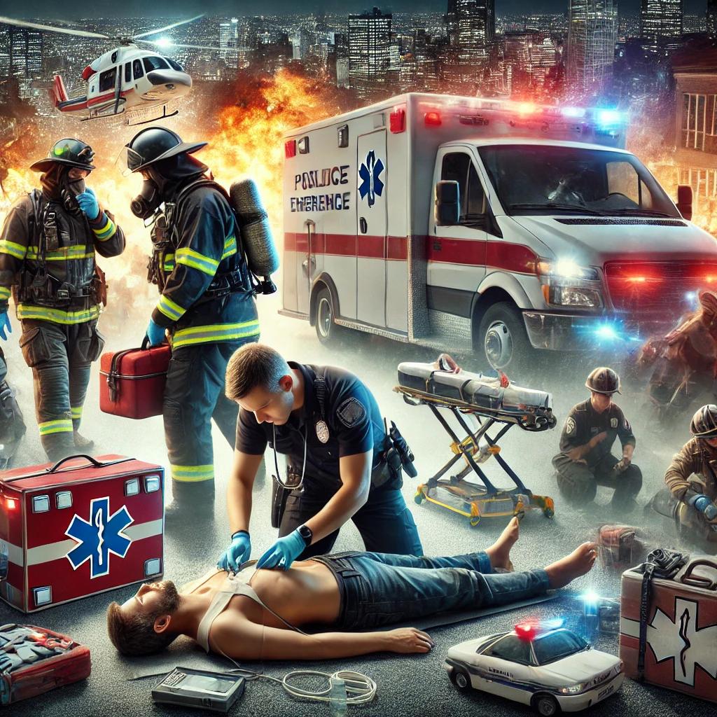 First responders, including a firefighter, paramedic, and police officer, working together at an emergency scene. They are providing medical care and assistance with equipment like a first aid kit, oxygen tank, and IFAK kit, with an ambulance