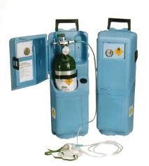 Portable emergency oxygen therapy kit with a blue carrying case, oxygen tank, and mask.