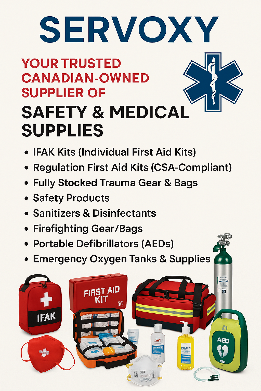 Servoxy flyer showing first aid kits, trauma gear, AED, and oxygen tank with product list.