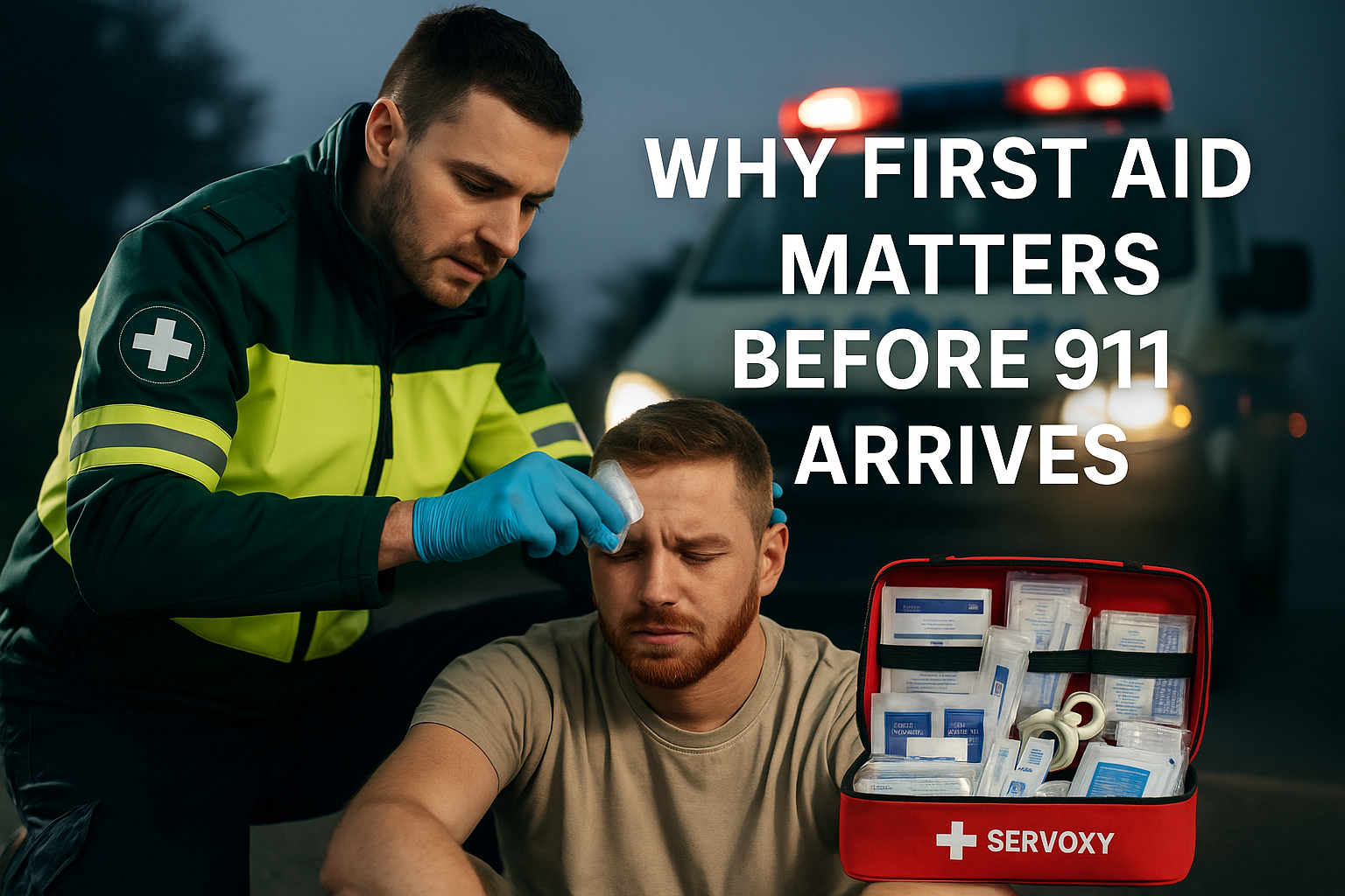 Emergency first aid scene with paramedic, patient, and visible first aid kit.