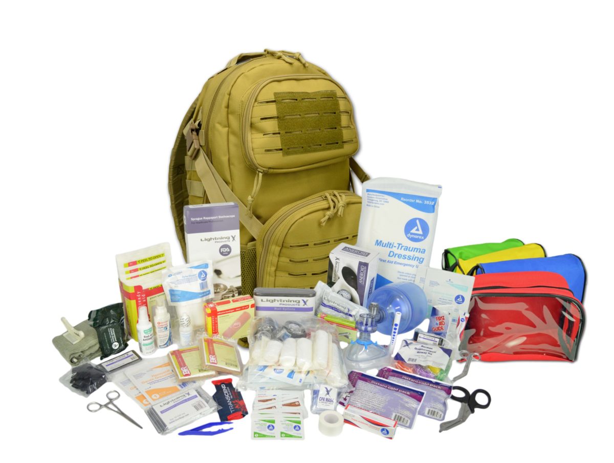 The image displays an open Individual First Aid Kit (IFAK) with its contents visible, including scissors, bandages, and other medical supplies, designed for rapid response in emergency situations.