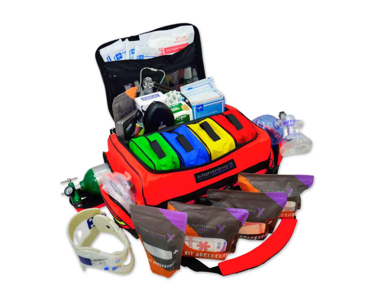 Emergency medical kit with compartments revealing supplies like bandages, scissors, stethoscope, blood pressure cuff, and resuscitation mask, designed for immediate medical attention in emergencies.