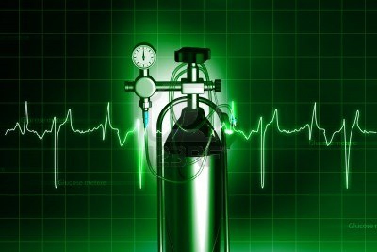 An oxygen cylinder with pressure gauge set against a green background featuring an EKG heart rhythm waveform