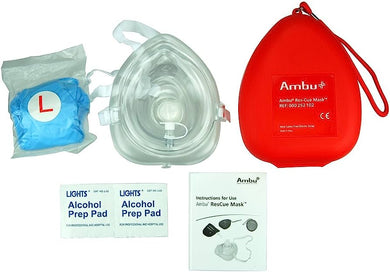 Medical-grade thermoplastic Ambu Adult CPR Mask with O2 Inlet, housed in a durable plastic case, designed for safe and effective CPR and protection against virus and bacteria transfer.