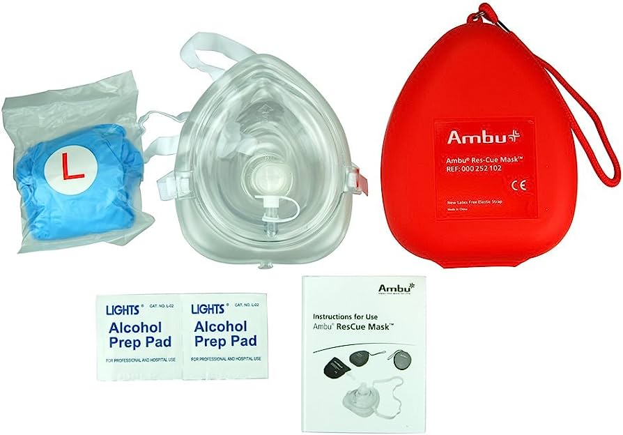 Medical-grade thermoplastic Ambu Adult CPR Mask with O2 Inlet, housed in a durable plastic case, designed for safe and effective CPR and protection against virus and bacteria transfer.