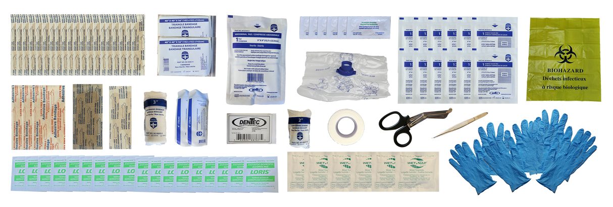 Collection of medical supplies including bandages, scissors, gloves, and a biohazard bag on a white background.