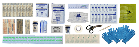 Collection of medical supplies including bandages, scissors, gloves, and a biohazard bag on a white background.