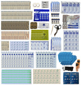 Collection of medical supplies including bandages, scissors, and other first aid items on a white background.
