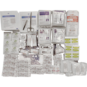 Collection of medical supplies including bandages and scissors on a white background