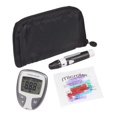 A diabetes testing kit featuring a black zippered carrying case, a digital blood glucose meter, a pen-style insulin injector, and a Microlet test strip packet, all arranged on a plain white background.