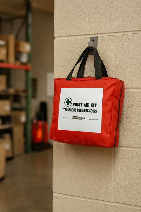 Red first aid kit hanging on a wall in a warehouse setting