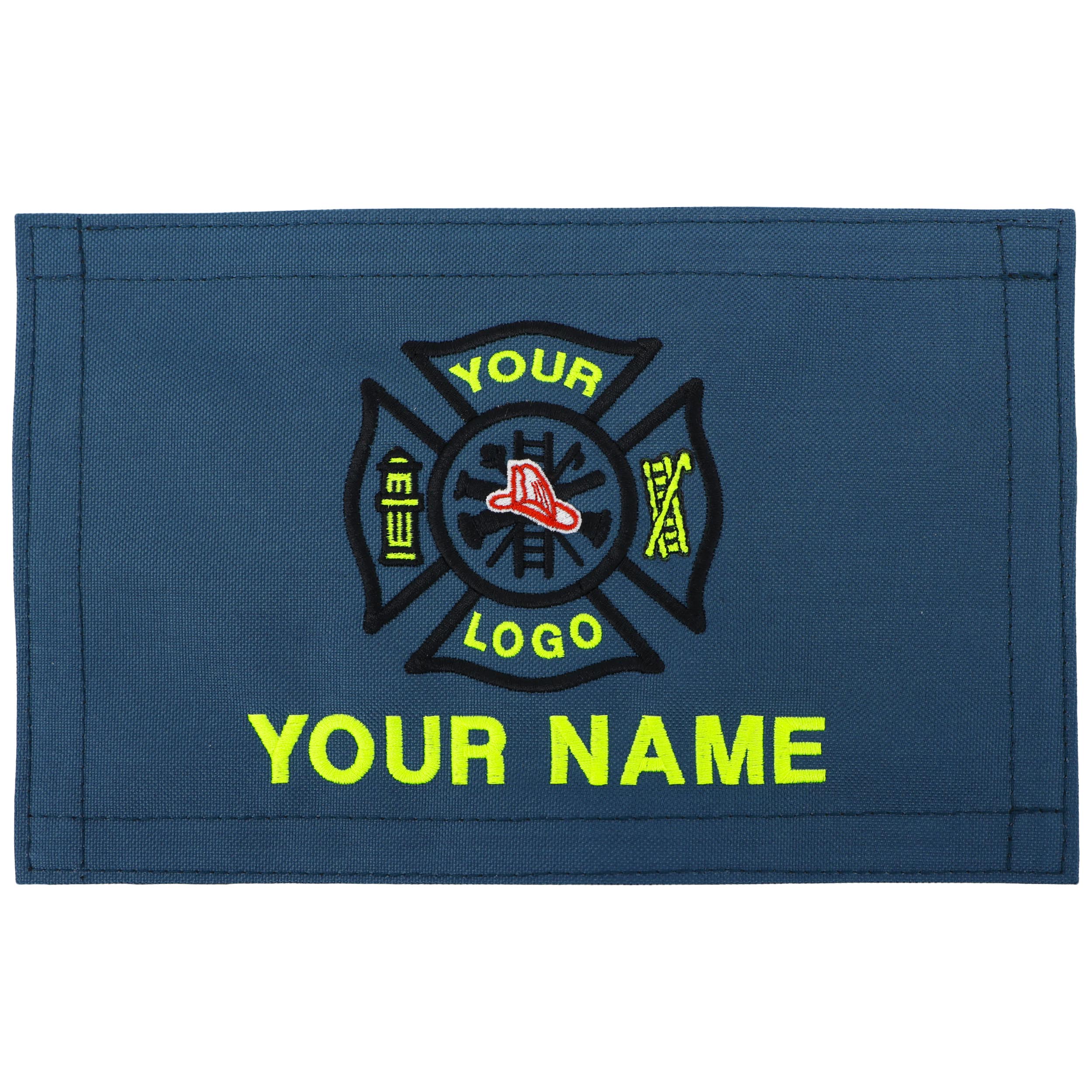 Blue patch with customizable text and logo on a white background