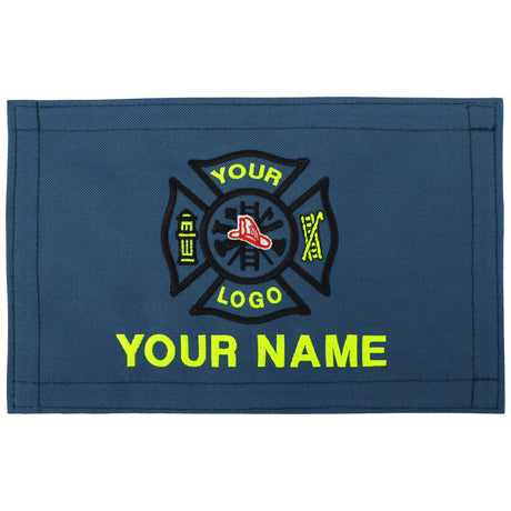 Blue patch with customizable text and logo on a white background