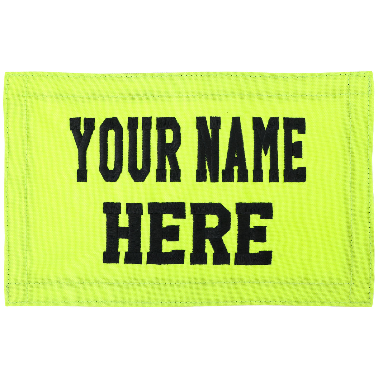 Neon green patch with 'YOUR NAME HERE' text on a white background