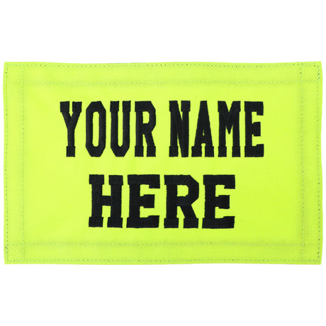 Neon green patch with 'YOUR NAME HERE' text on a white background