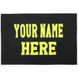 Black flag with yellow text 'YOUR NAME HERE' on a white background