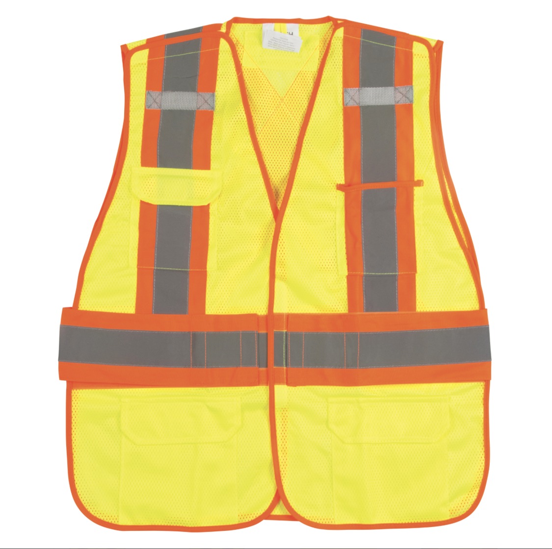 Yellow safety vest with reflective stripes on a white background