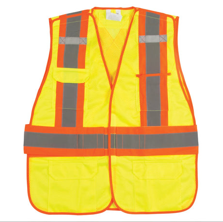 Yellow safety vest with reflective stripes on a white background