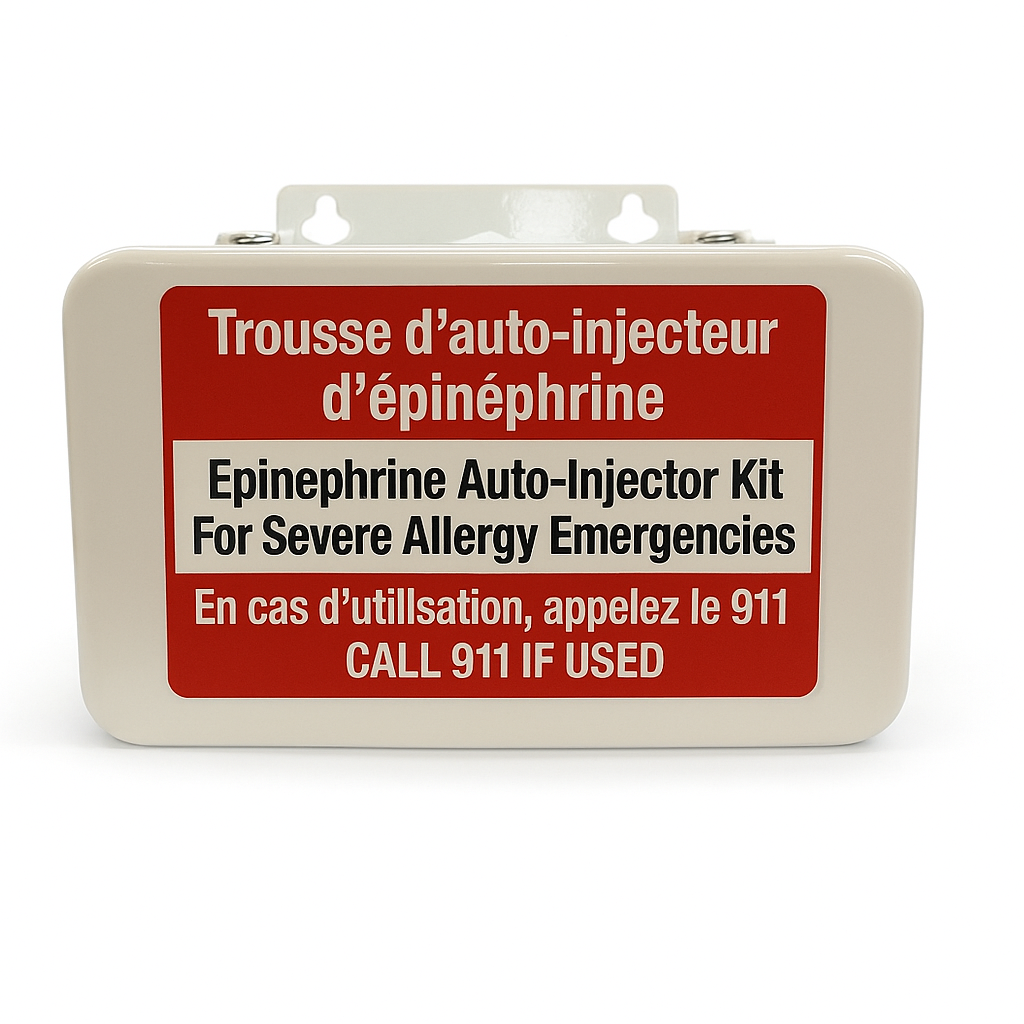 Epinephrine auto-injector kit with red and white label on a beige background