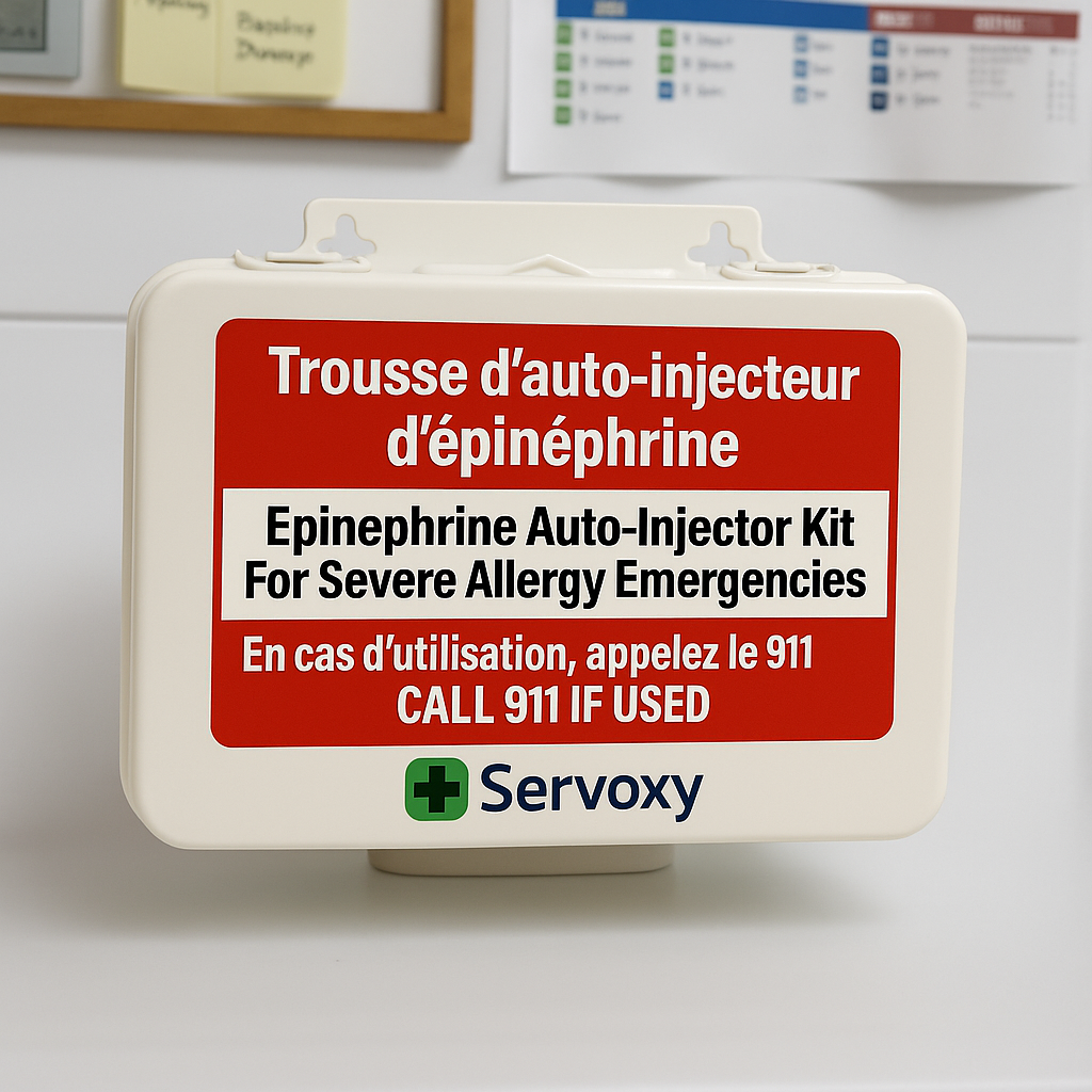 Epinephrine auto-injector kit with Servoxy branding on a white background